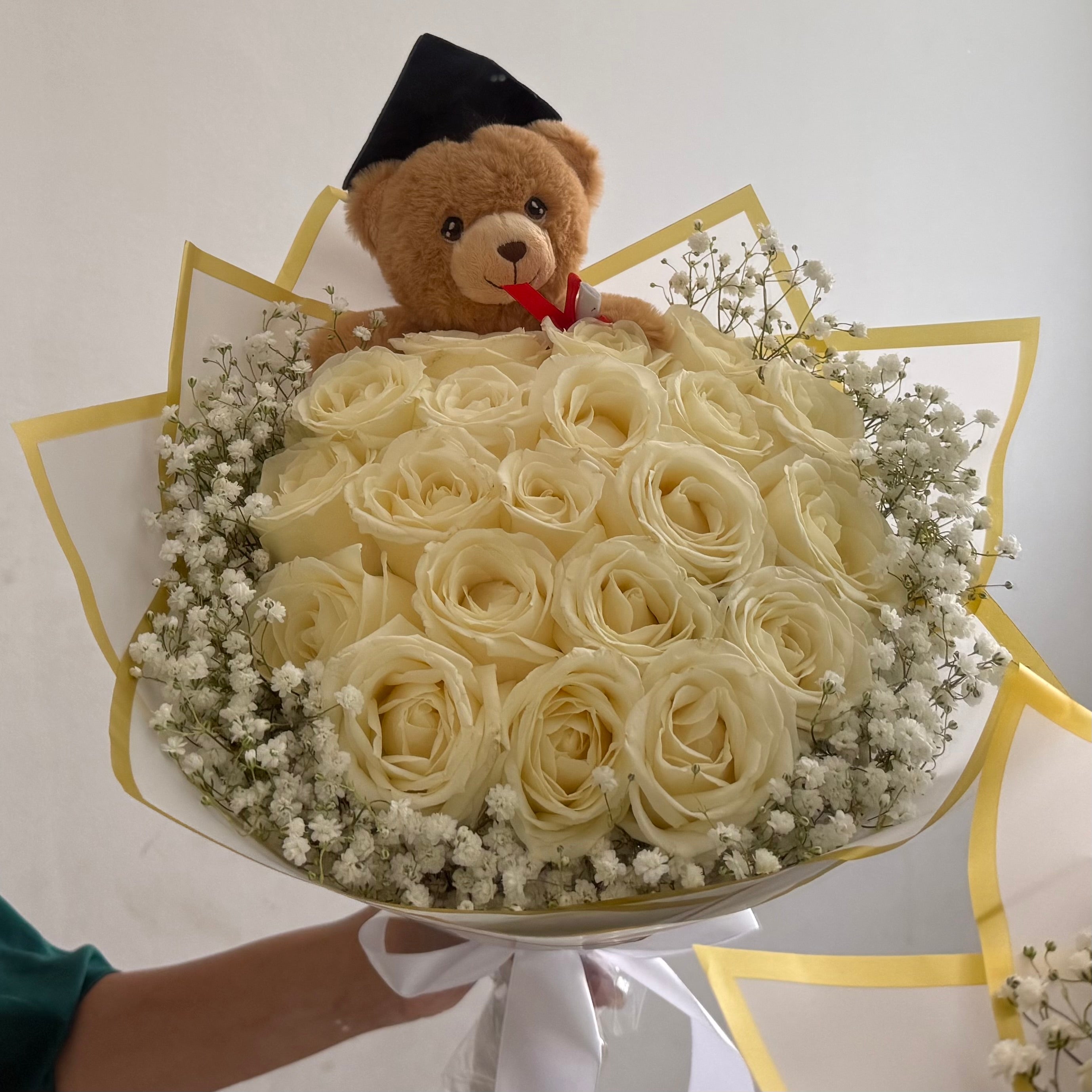 Teddy Graduation Bouquet with White Roses