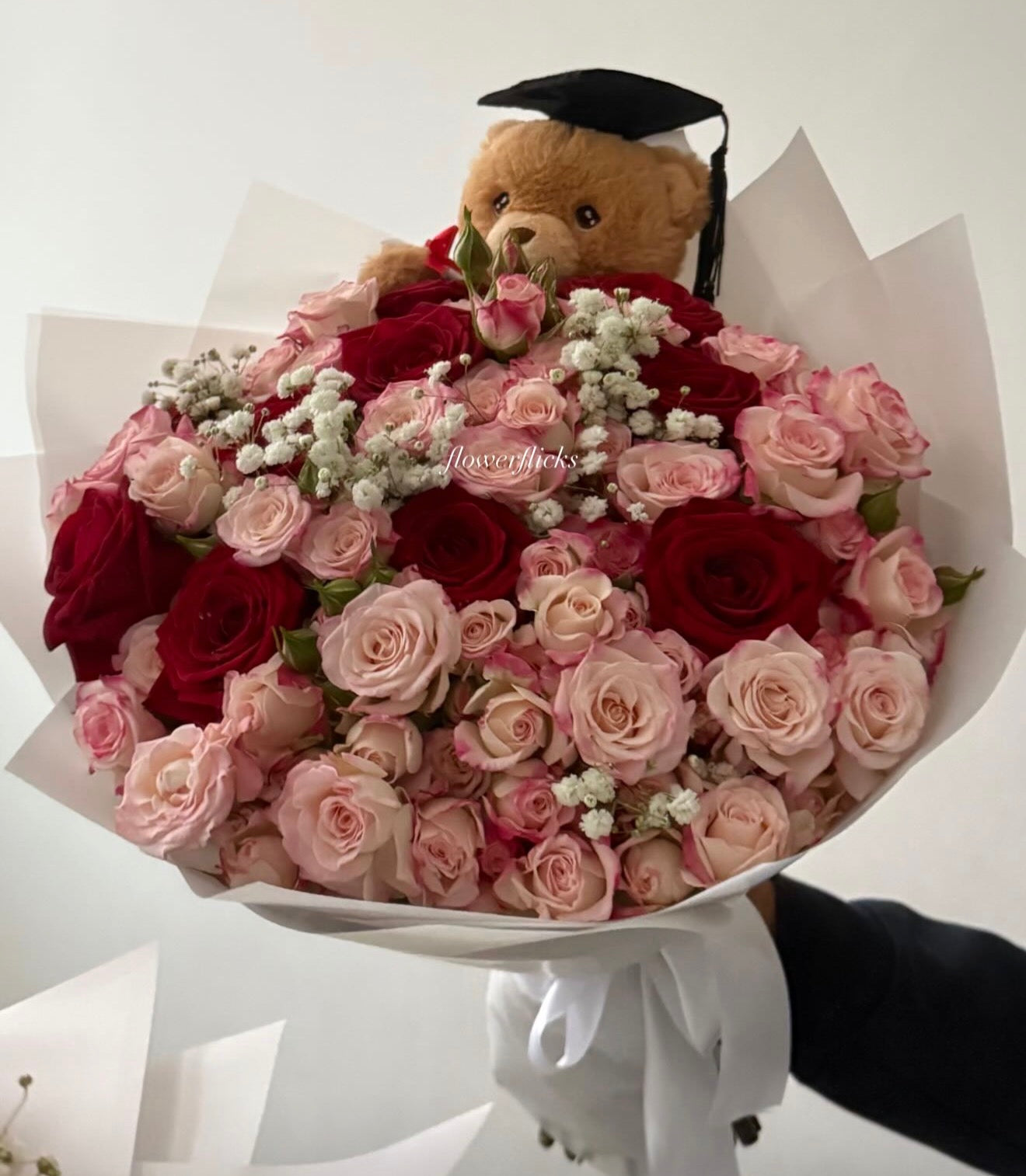 Luxe Red Mixed Bouquet with Graduation Teddy