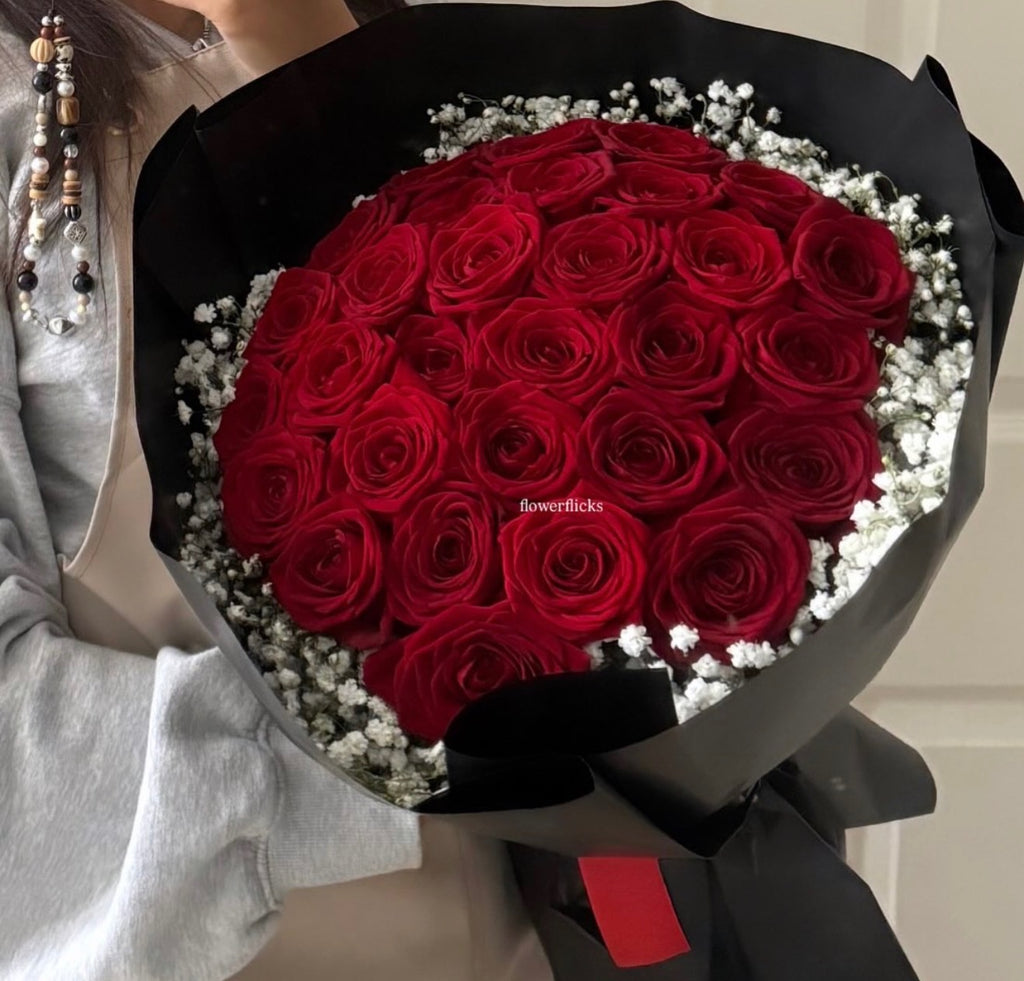 Red Rose Bouquet with Gypsophila Rim