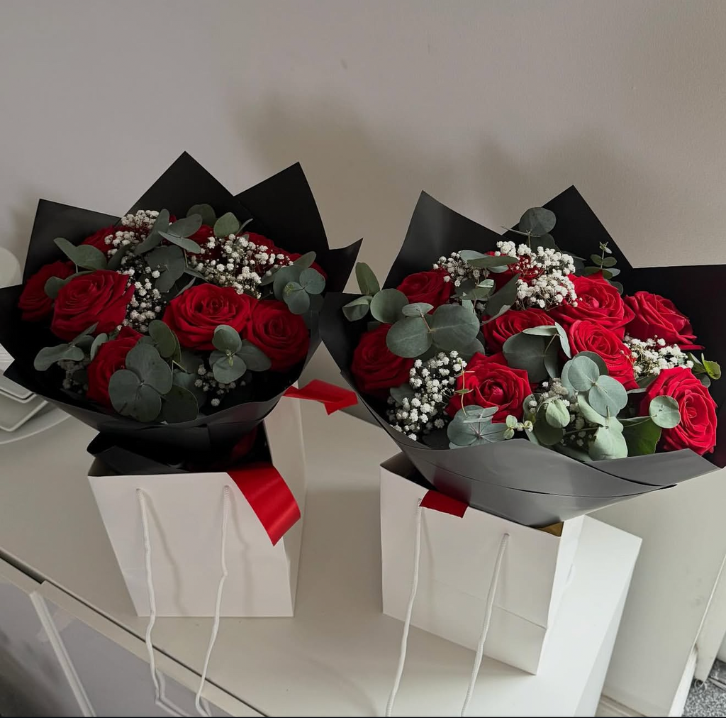 Red Roses with Eucalyptus and Gypsophila