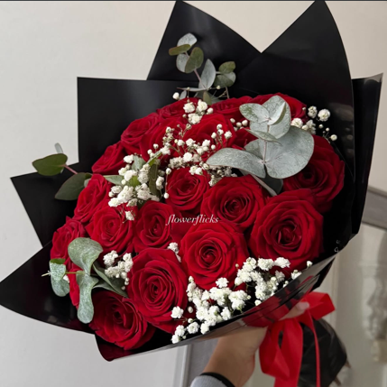 Red Roses with Eucalyptus and Gypsophila